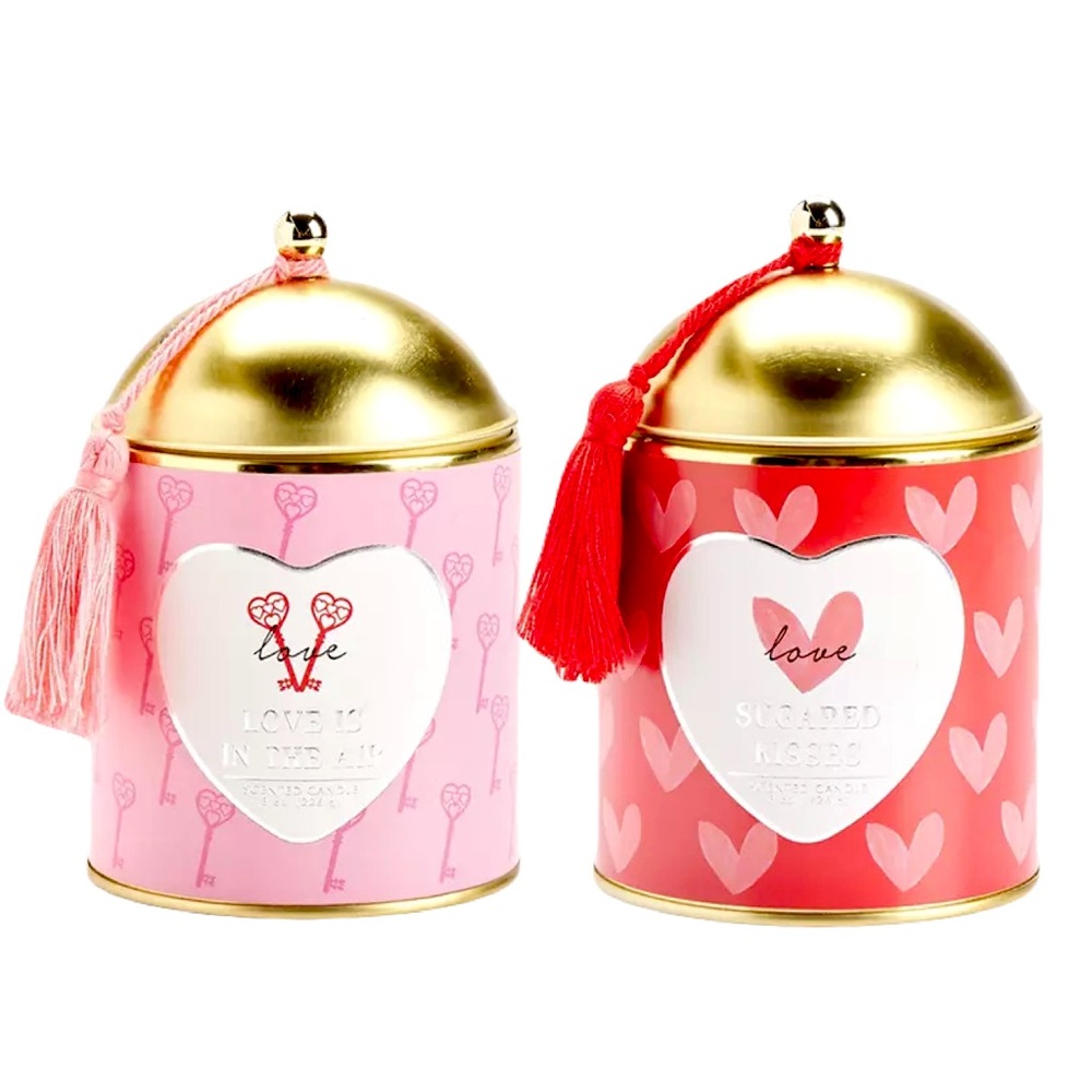 Scented Tin Candle 2pc Set Valentine's Sugared Kisses & Love in the Air 8oz ea